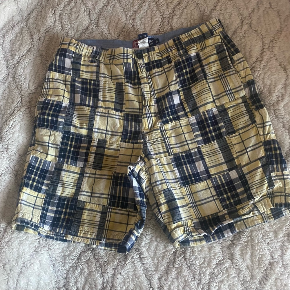 Chaps Madras Shorts Men’s Size 36” Plaid Yellow Blue Golf Preppy Cotton Casual